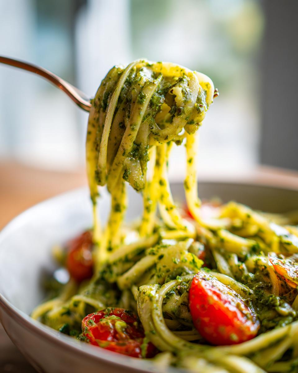 A fork lifting strands of one pan creamy pesto pasta coated in vibrant green sauce and cherry tomatoes.