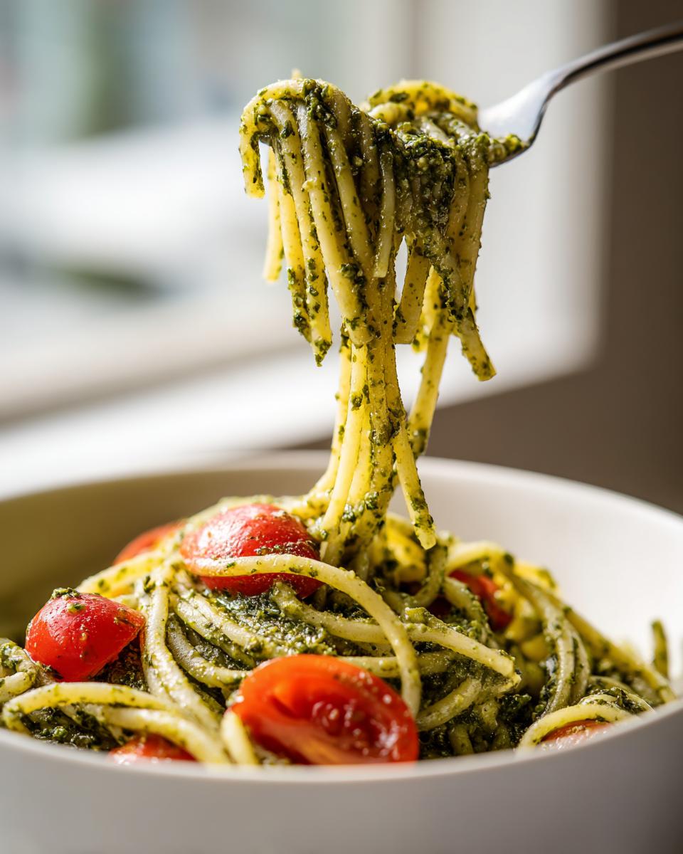 A fork lifts spaghetti coated in creamy pesto sauce from a bowl of one pan creamy pesto pasta with cherry tomatoes.