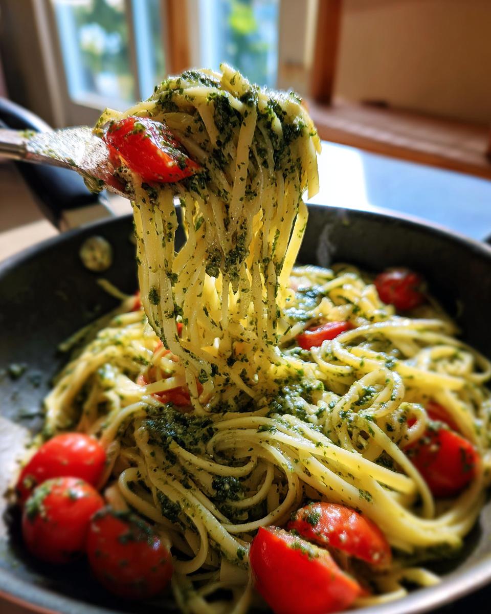 A fork lifts a generous portion of one pan creamy pesto pasta coated in green sauce and mixed with cherry tomatoes.
