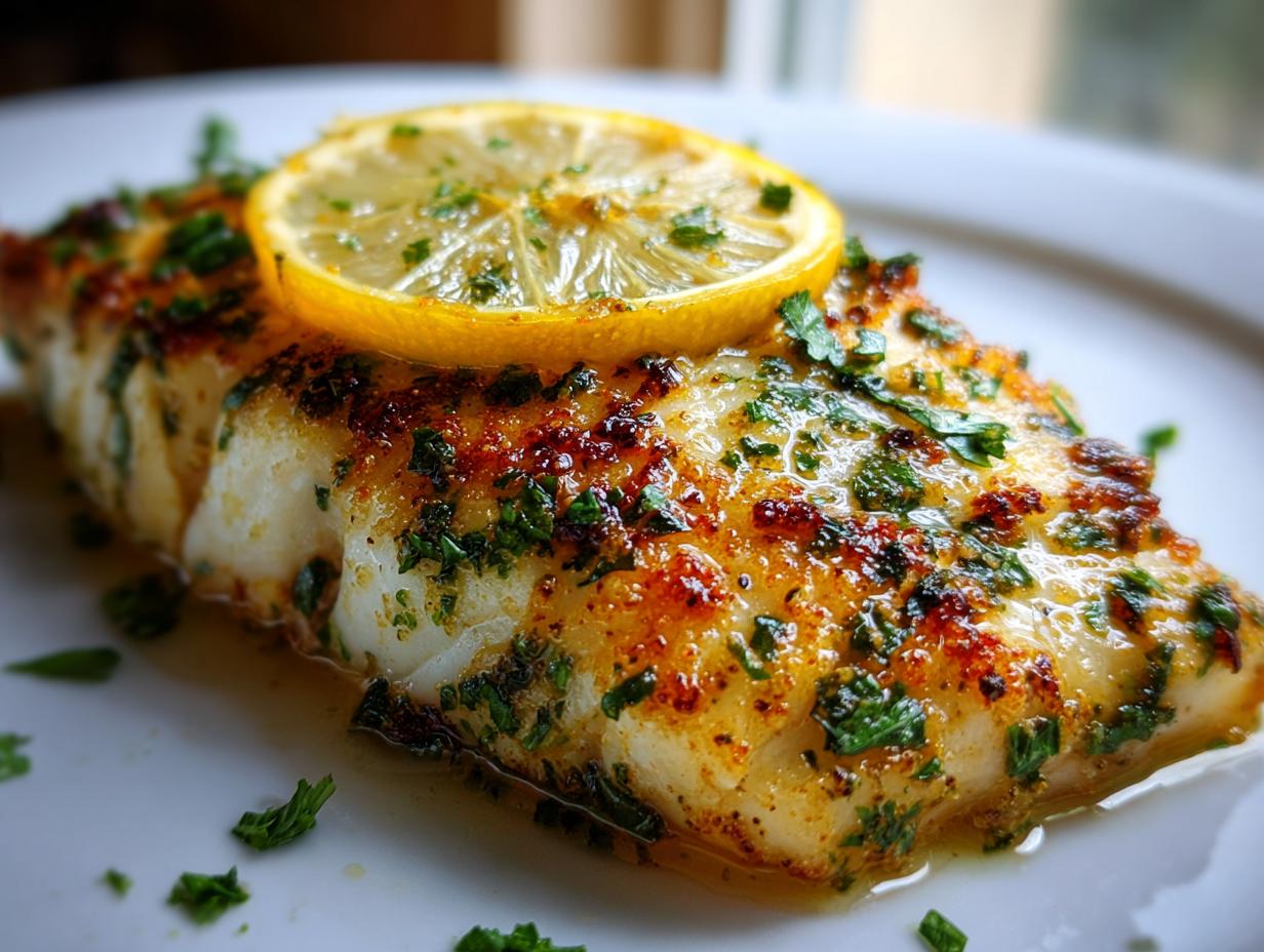 Close-up of a perfectly baked chilean sea bass recipe fillet topped with herbs and a lemon slice.