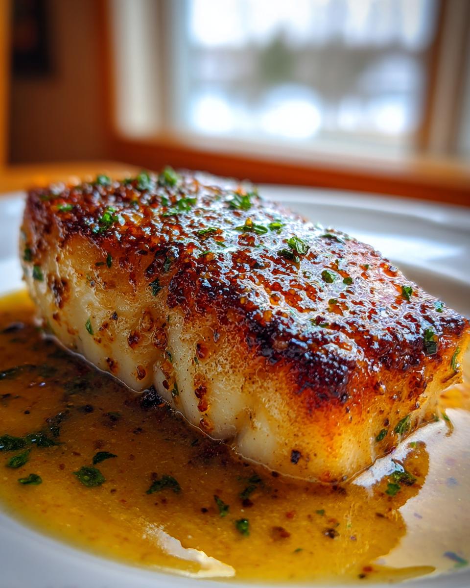 Close-up of a perfectly pan seared chilean sea bass recipe fillet with a golden-brown crust and herb sauce.