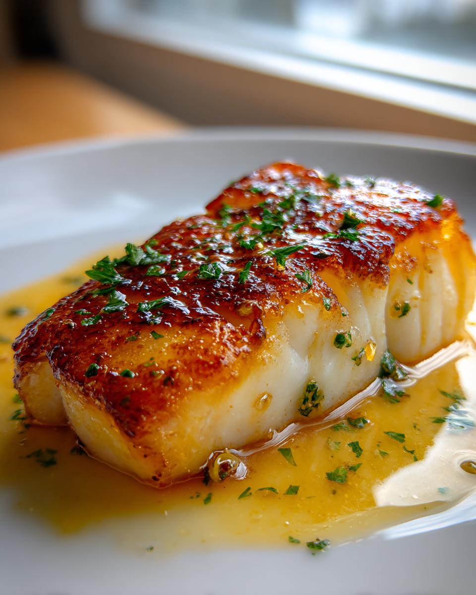 Close-up of a perfectly pan seared chilean sea bass recipe fillet with a golden crust, resting in lemon butter sauce.