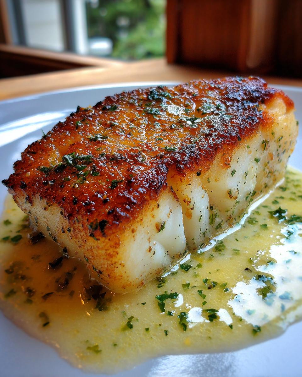 Close-up of a perfectly pan seared chilean sea bass recipe fillet resting in a pool of lemon butter sauce.