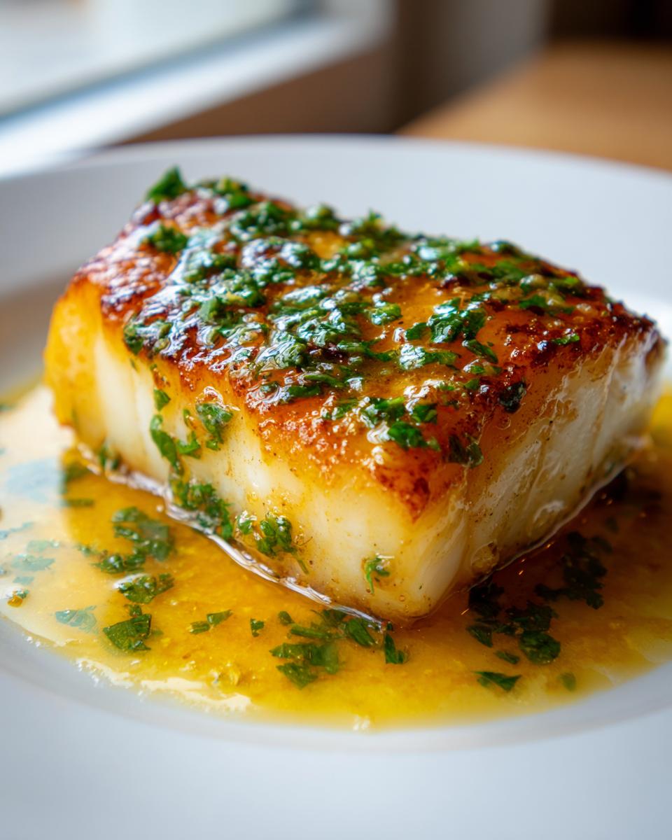 Close-up of a perfectly seared, thick fillet of Chilean sea bass topped with bright green herbs in a rich, buttery sauce.