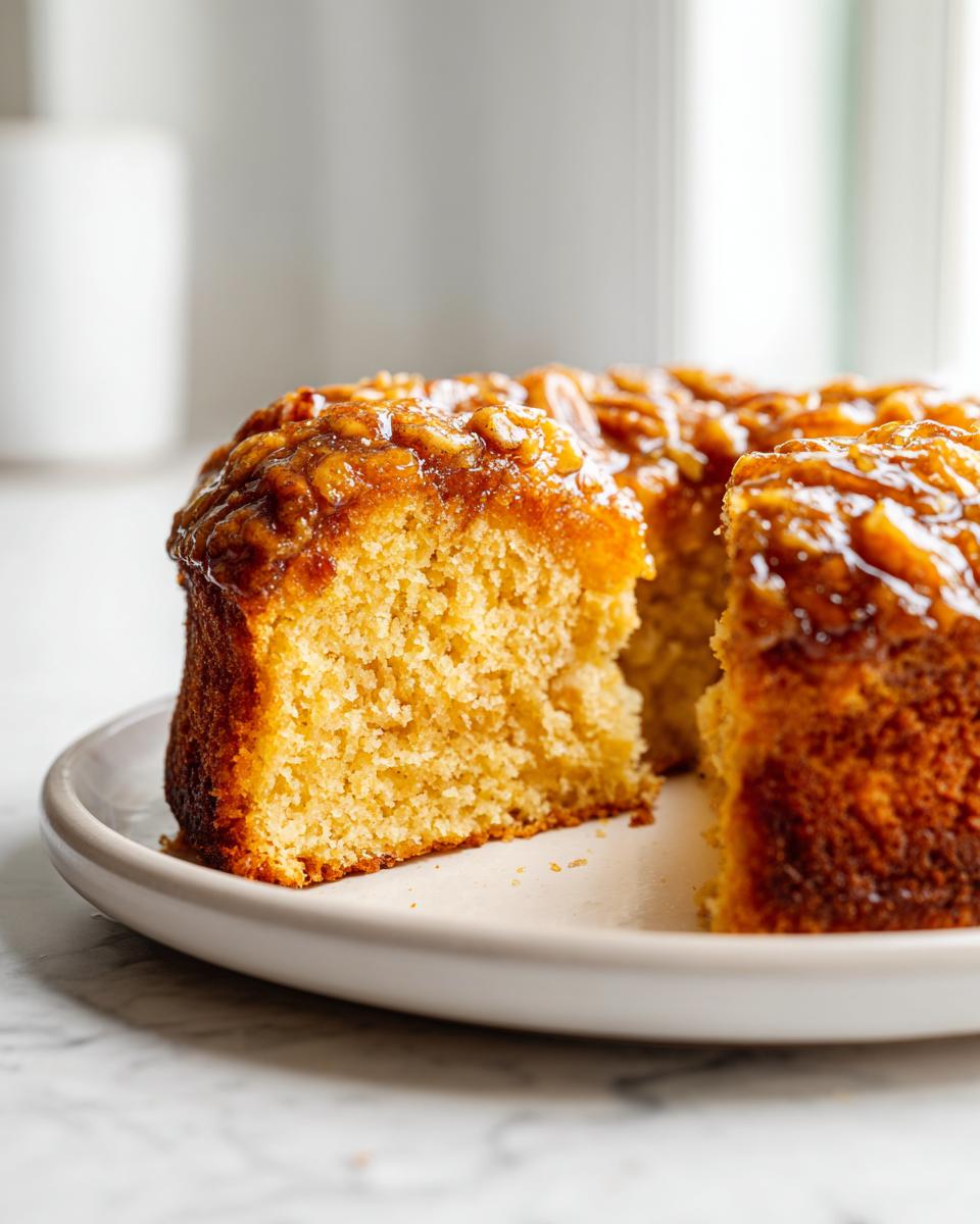 Close-up of a moist slice of pecan upside down cake with box cake mix, showing the gooey topping.