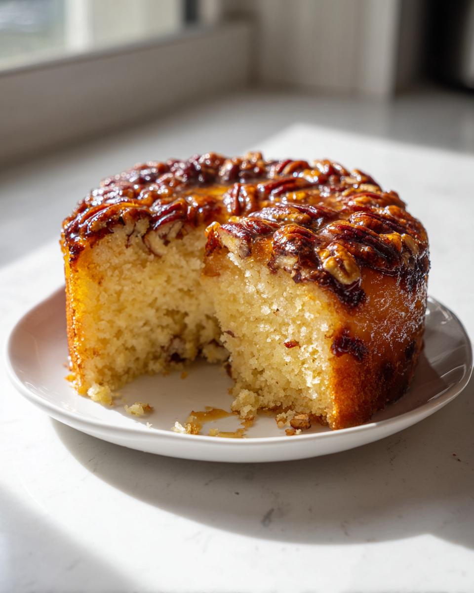 A slice removed from a round pecan upside down cake with box cake mix, showing the moist crumb and sticky pecan topping.