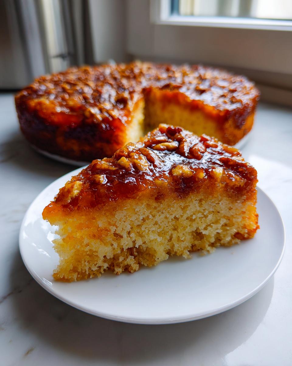A slice of pecan upside down cake with box cake mix on a white plate, showing the moist crumb and sticky topping.
