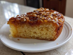 A moist slice of pecan upside down cake with box cake mix, featuring a sticky, caramelized pecan topping.