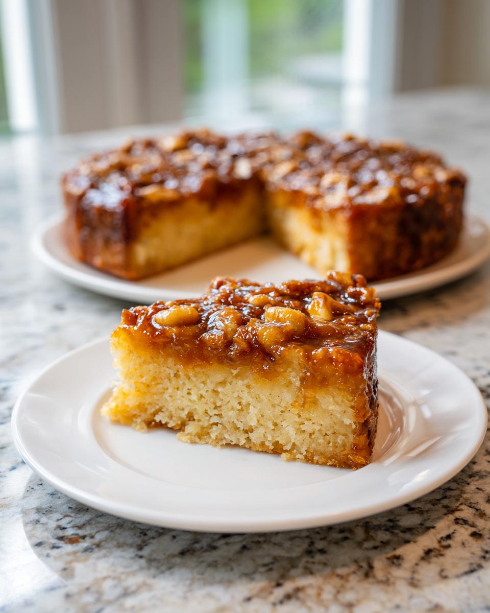 A close-up slice of pecan upside down cake with box cake base sits on a white plate.