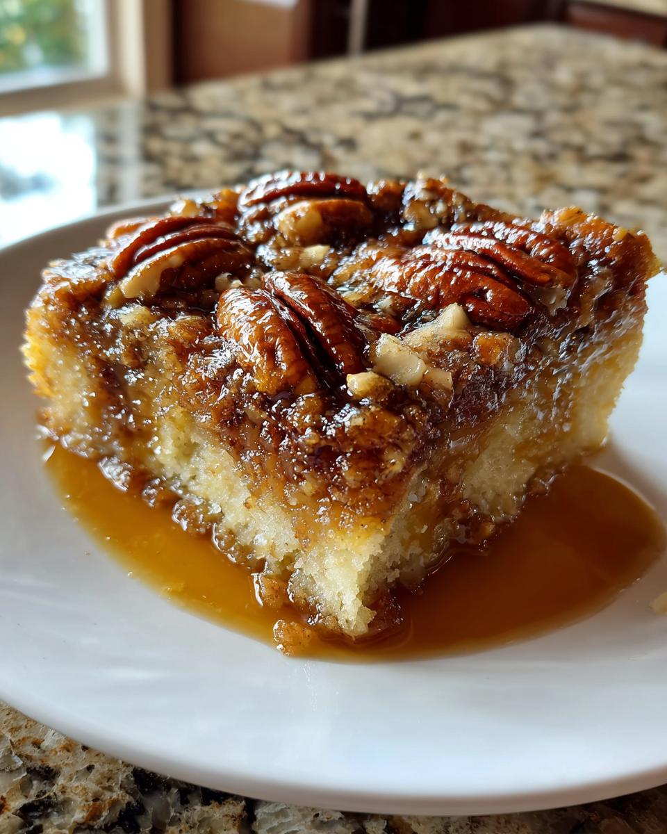 A moist slice of pecan upside down cake topped with glossy pecans and caramel sauce pooling on the plate.