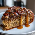 A close-up of a slice of pecan upside down cake topped with sticky pecans and dripping with caramel sauce.