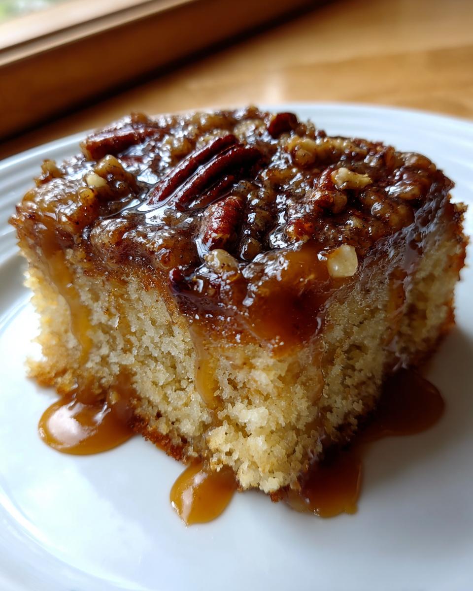 Close-up of a square slice of pecan upside down cake topped with sticky caramel and whole pecans.