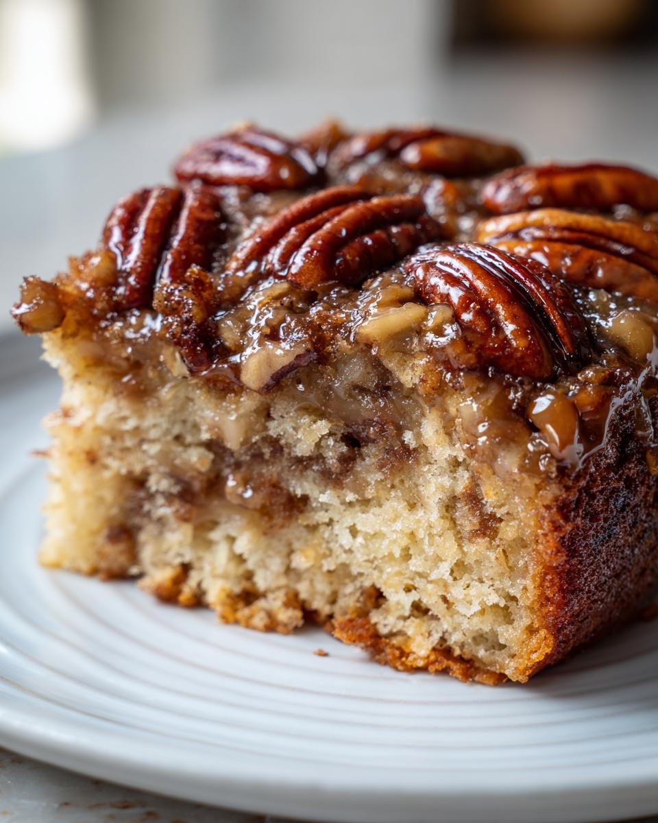 Close-up of a moist slice of pecan upside down cake topped with caramelized pecans.