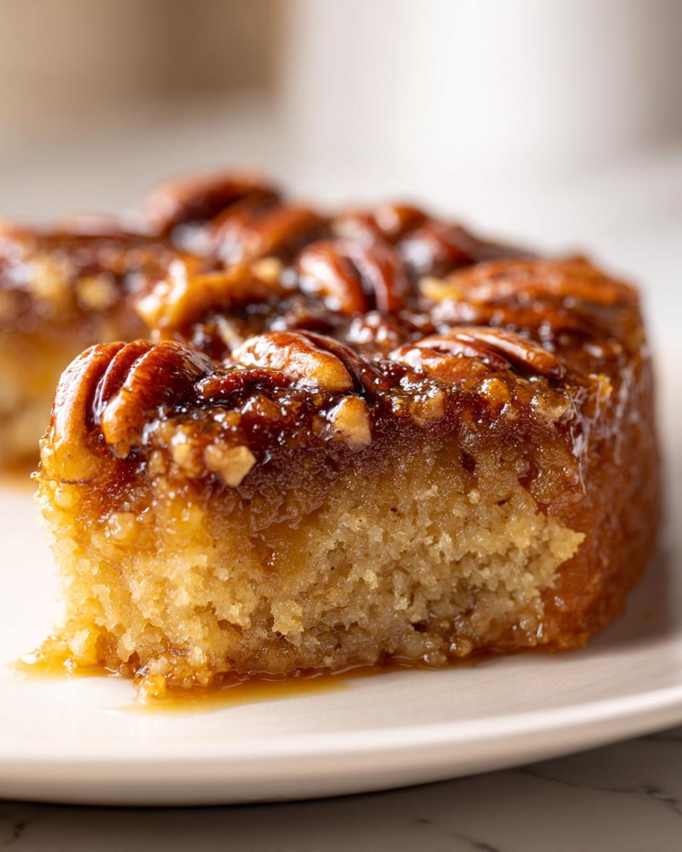 A close-up view of a moist slice of pecan upside down cake with a sticky, caramelized pecan topping.