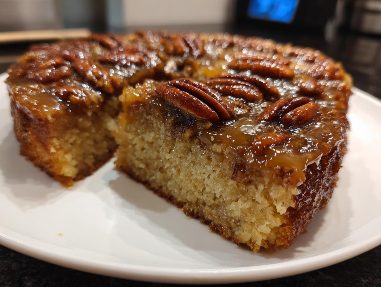 Close-up of a slice of pecan upside down cake showing the moist crumb and sticky pecan topping.