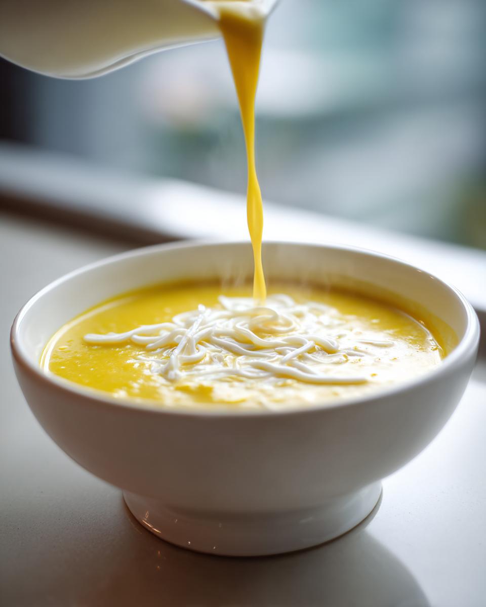 Close-up of rich yellow sweet corn soup being finished with a stream of cream and white garnish.