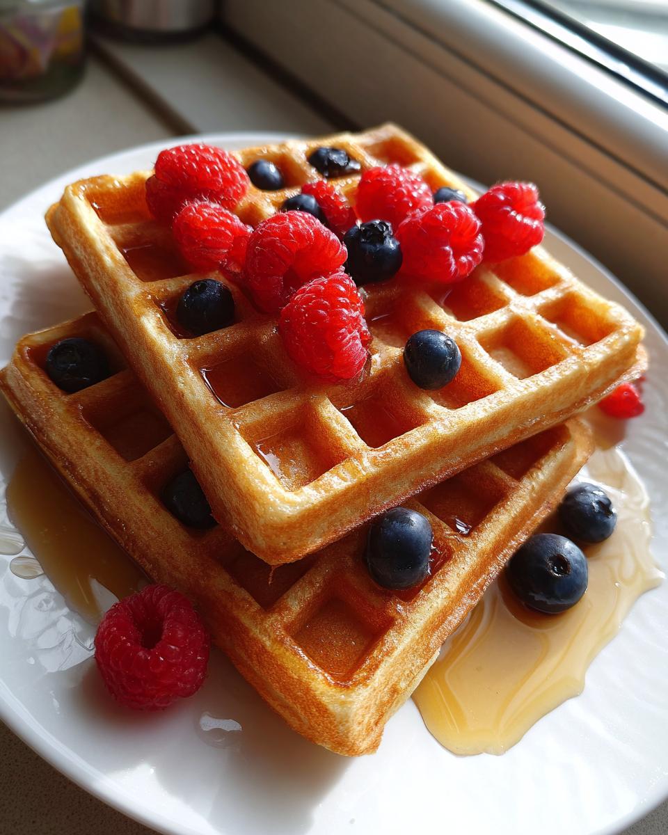 Two golden brown protein cottage cheese waffles stacked and topped with fresh raspberries, blueberries, and drizzled with syrup.