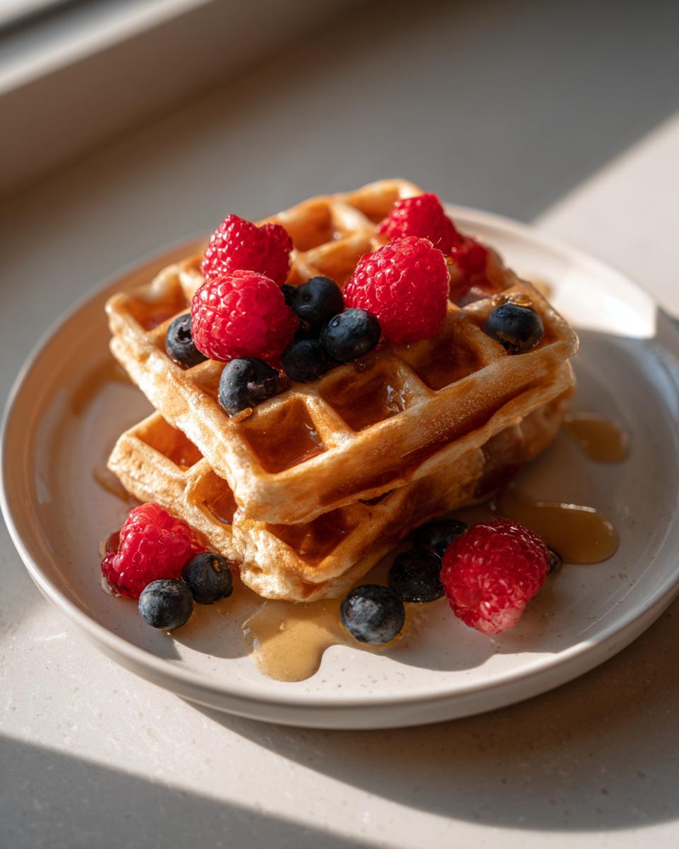 Two stacked protein cottage cheese waffles topped with fresh raspberries, blueberries, and drizzled with maple syrup.