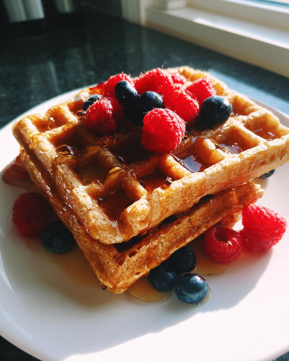 Two golden brown protein cottage cheese waffles stacked and topped with fresh raspberries, blueberries, and syrup.