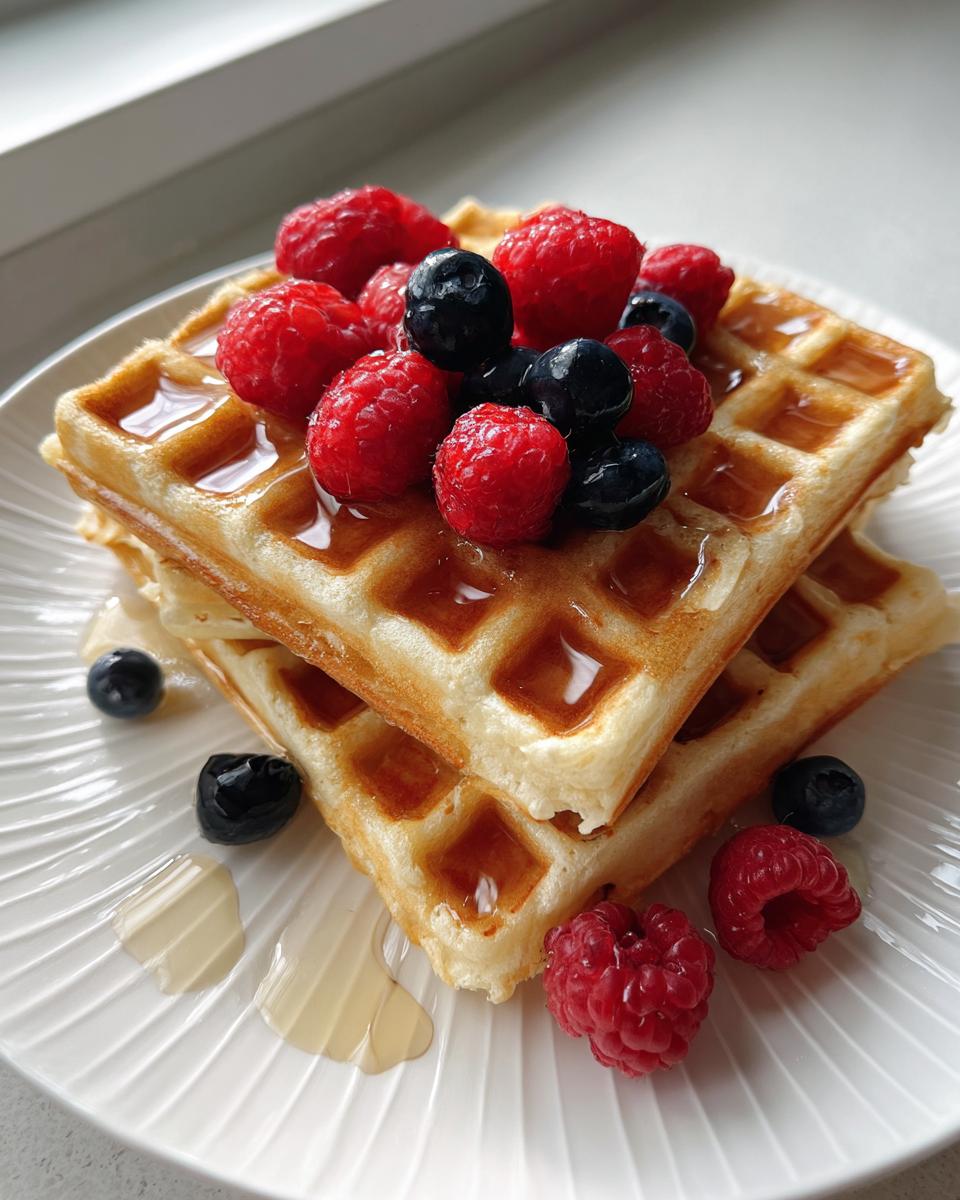 Two stacked, golden protein cottage cheese waffles topped with fresh raspberries, blueberries, and syrup.