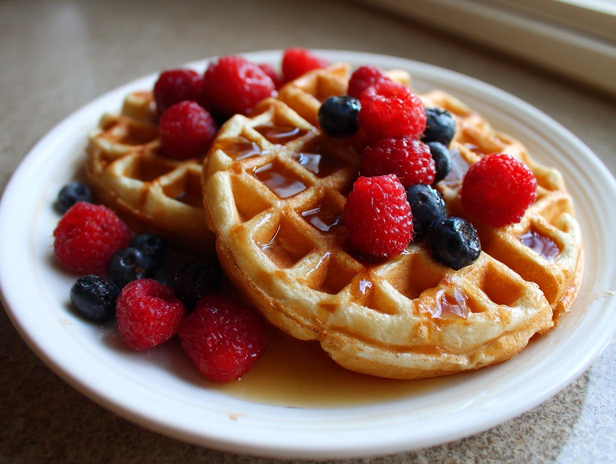 Two golden protein cottage cheese waffles topped with fresh raspberries, blueberries, and maple syrup on a white plate.
