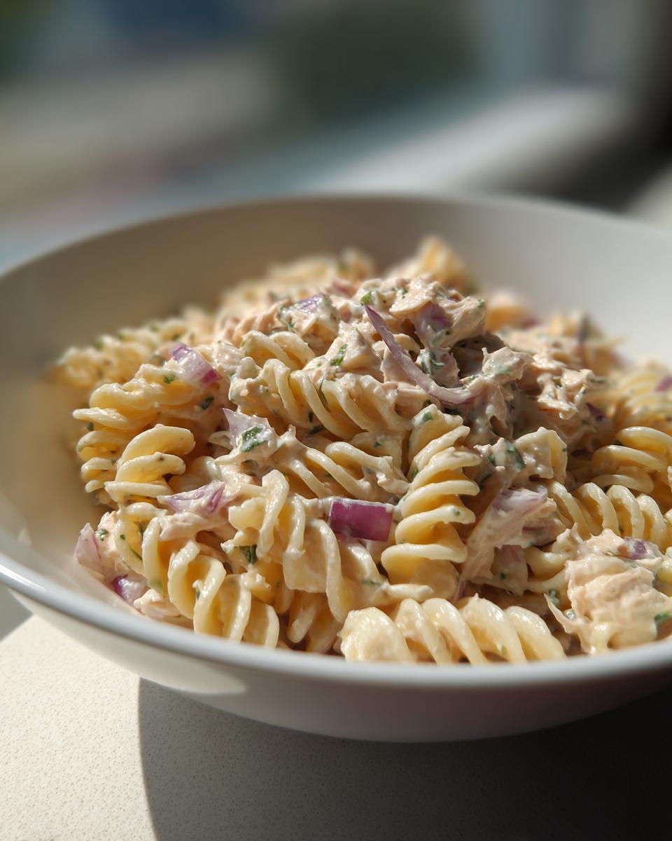 Close-up of creamy protein tuna pasta salad made with fusilli pasta and red onion in a white bowl.