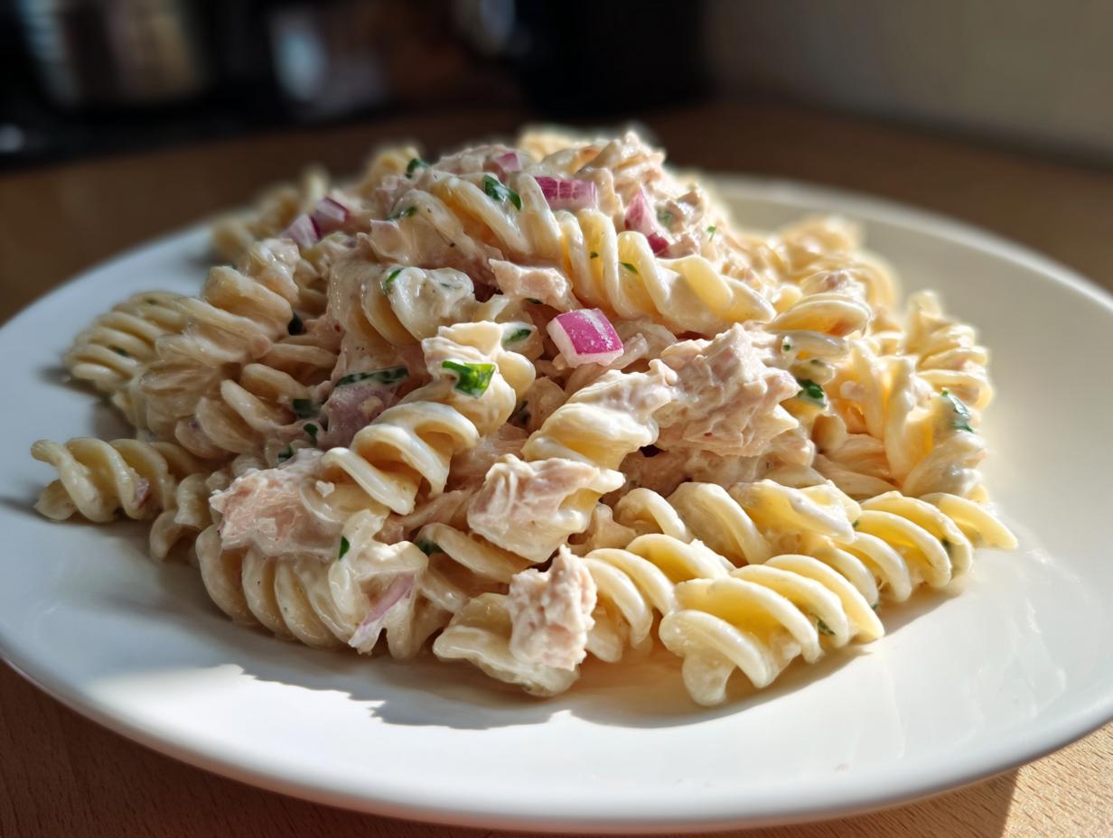 A close-up of a creamy protein tuna pasta salad made with fusilli pasta, tuna chunks, and red onion.