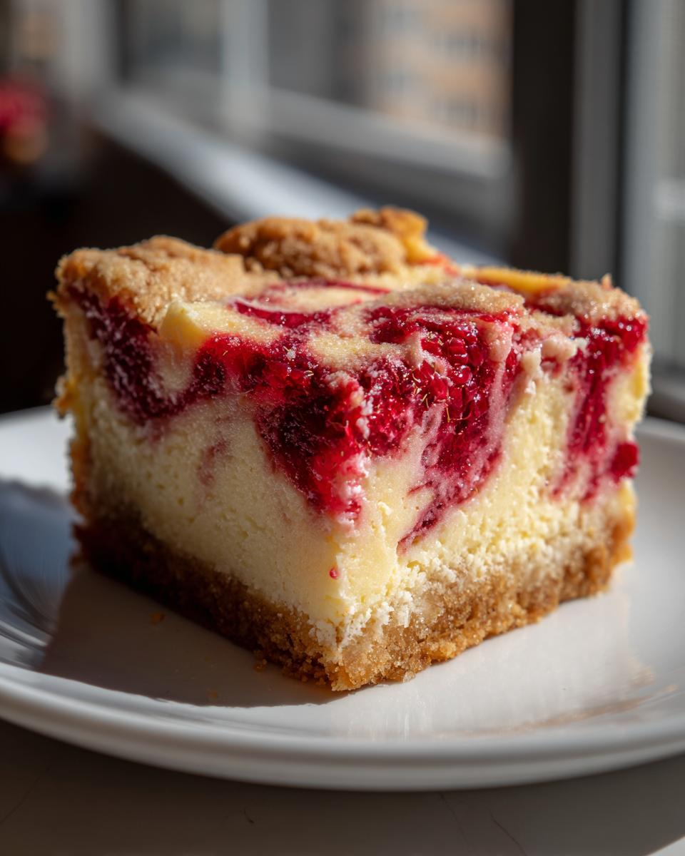 A thick slice of raspberry cheesecake bars showing a creamy filling swirled with bright red raspberry puree on a graham cracker crust.