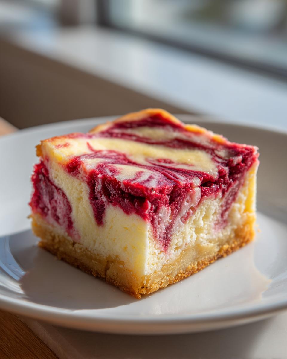 A square slice of raspberry cheesecake bars with a graham cracker crust, showing a vibrant red raspberry swirl.