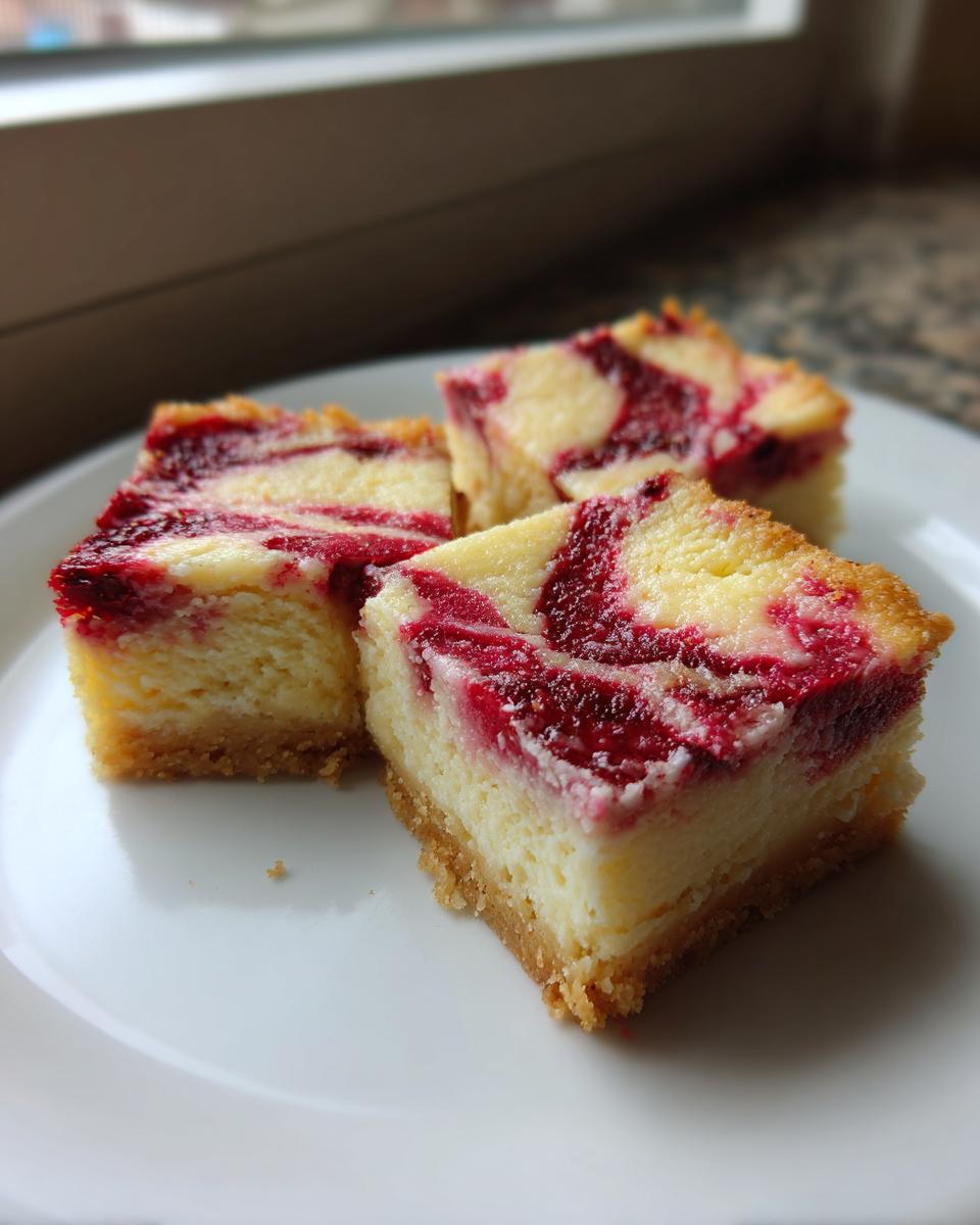 Three square slices of raspberry cheesecake bars with a graham cracker crust served on a white plate.