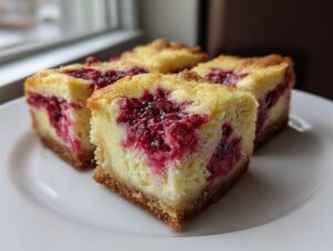 Four perfectly cut raspberry cheesecake bars with a graham cracker crust displayed on a white plate.