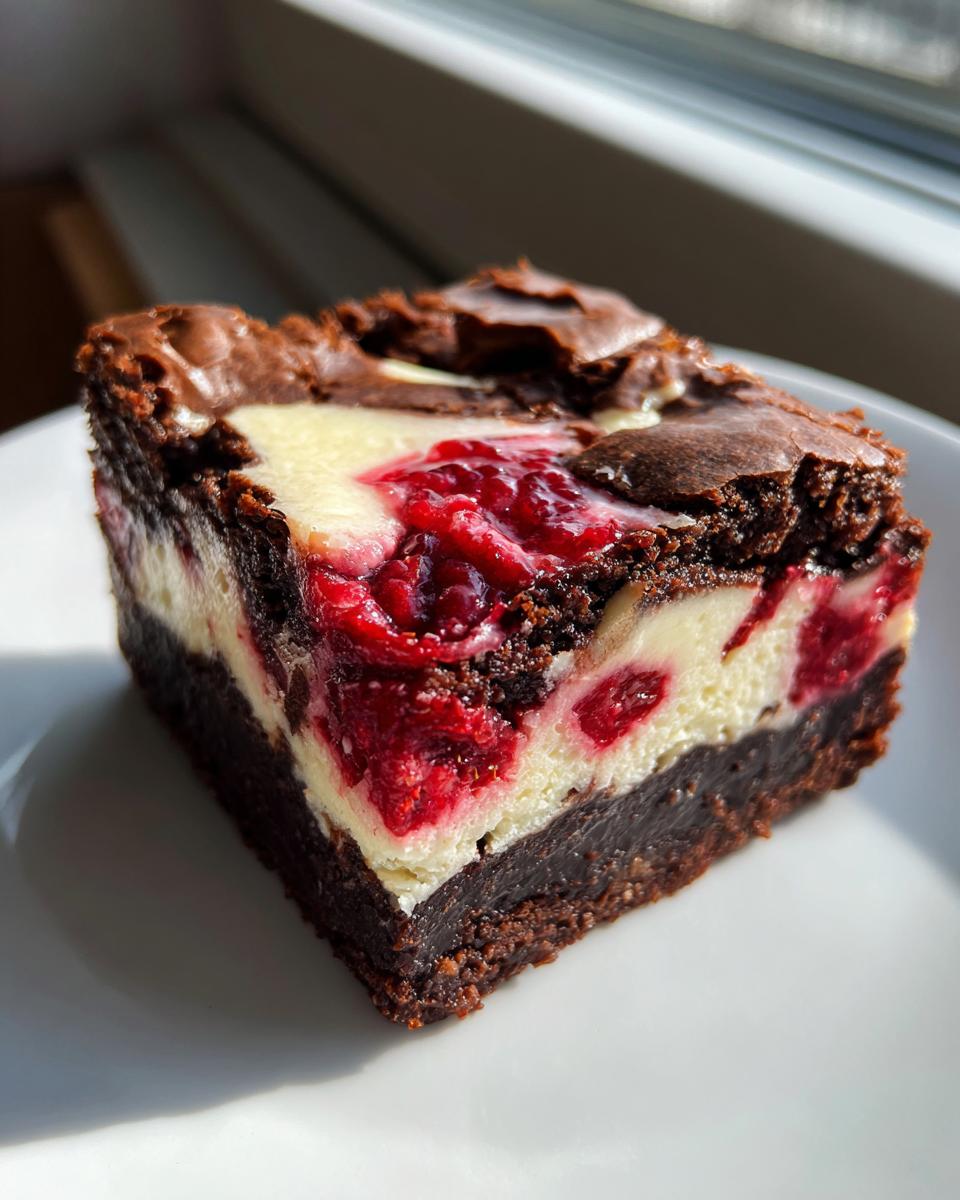 A single square of raspberry cheesecake brownies showing a dark chocolate base, creamy white layer, and bright red raspberry swirl.