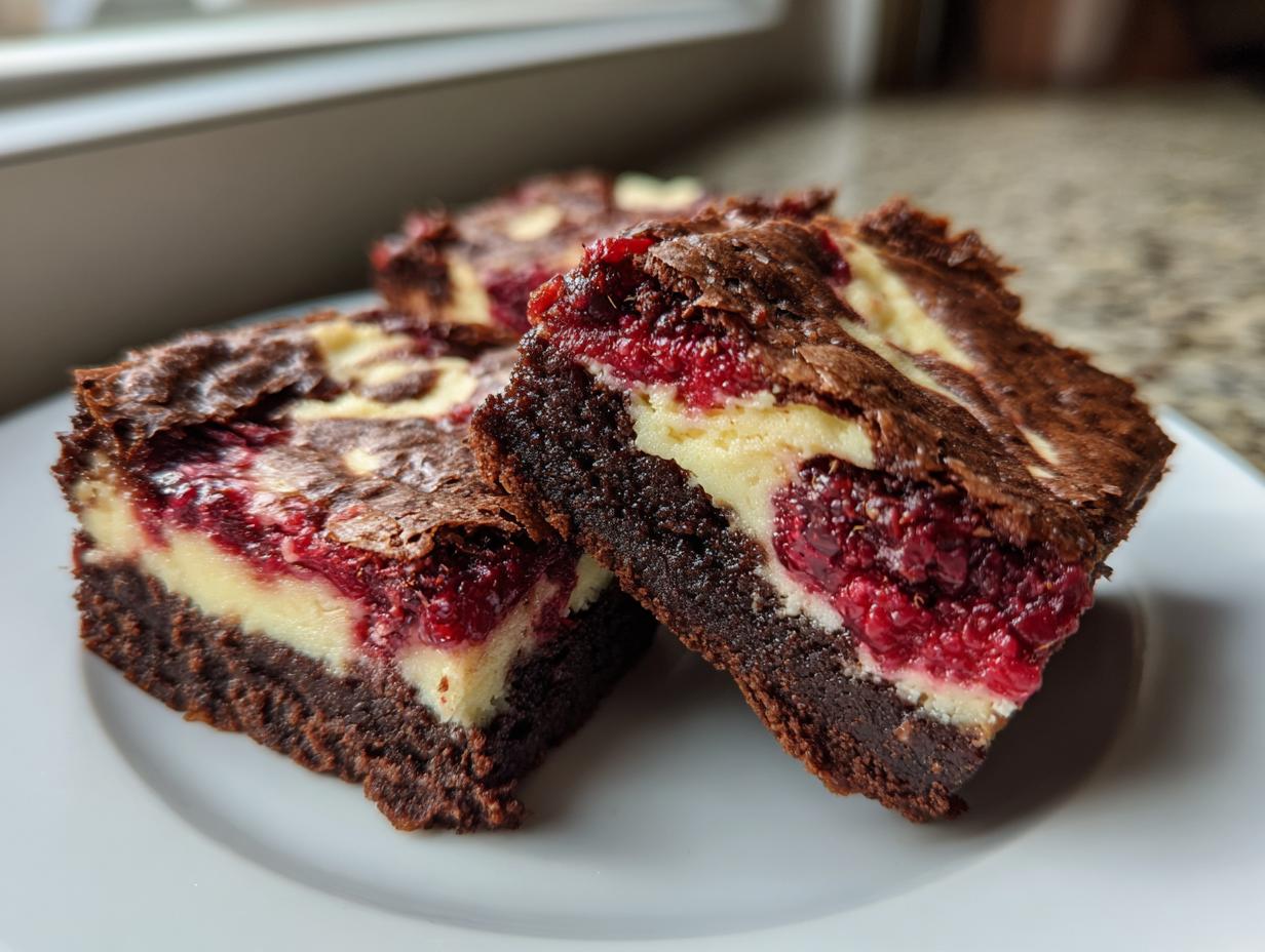 Three rich, fudgy raspberry cheesecake brownies with visible layers of chocolate, cream cheese, and bright red raspberries.
