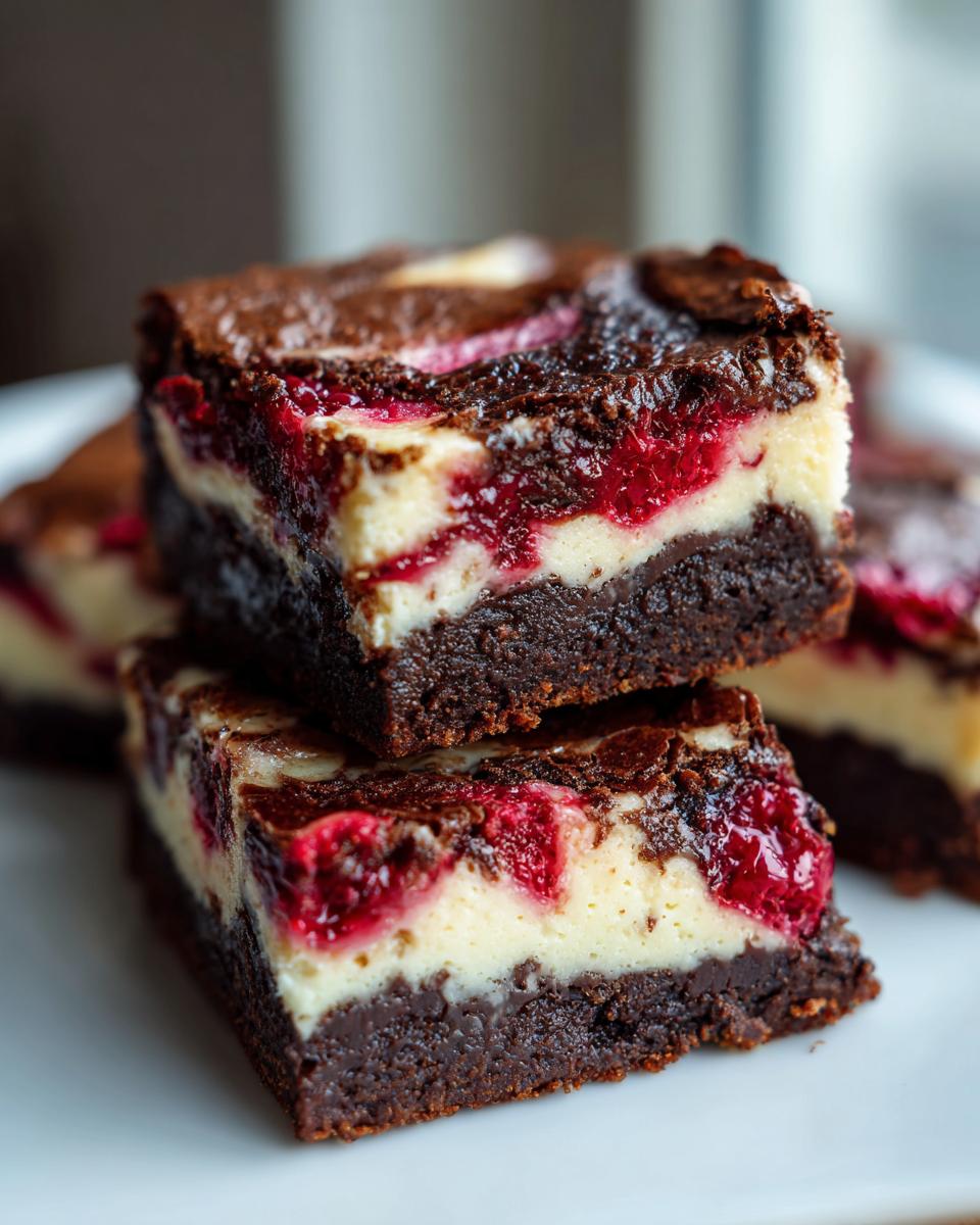 Two stacked squares of rich raspberry cheesecake brownies showing the dark chocolate base and creamy topping with bright red fruit.