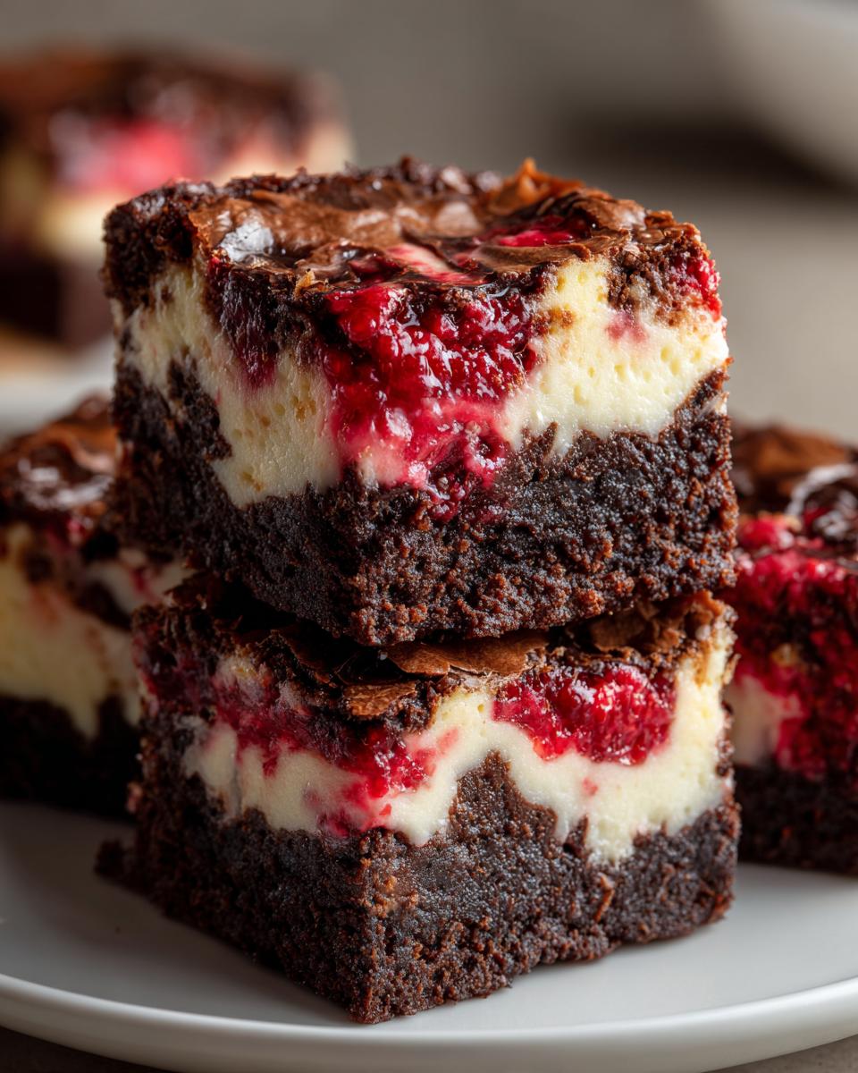 Two stacked, rich chocolate raspberry cheesecake brownies showing layers of dark brownie, white cream cheese, and bright red raspberry swirl.