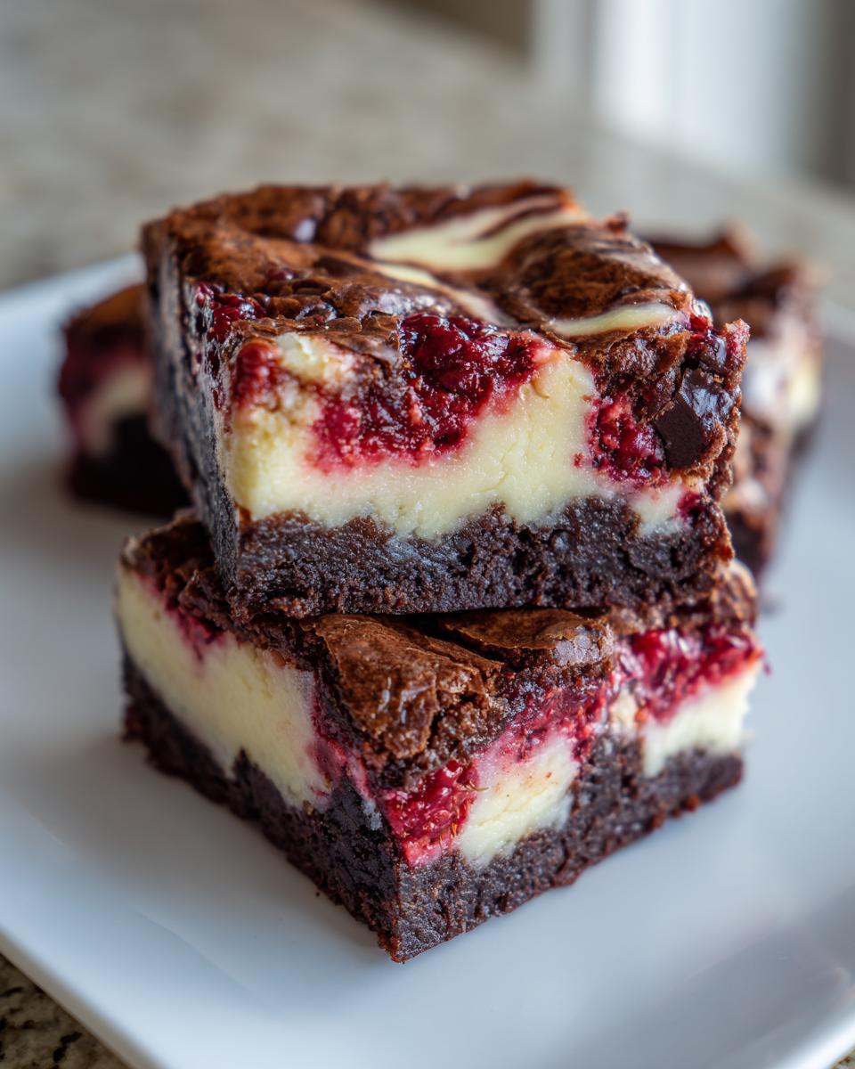 Two stacked slices of rich raspberry cheesecake brownies showing a dark chocolate base and creamy cheesecake layer with bright red raspberries.