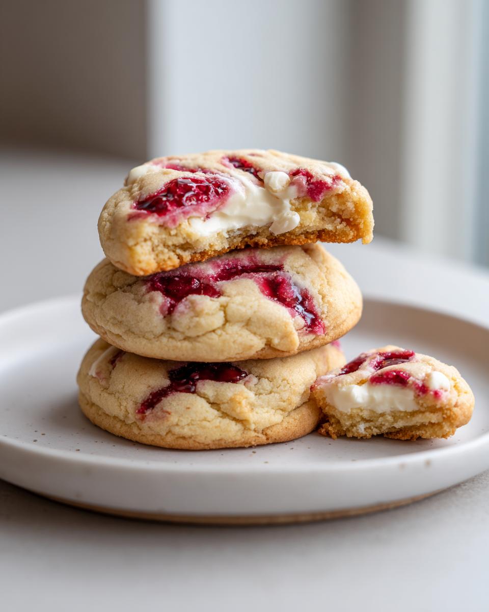Close-up of stacked raspberry cheesecake cookies showing the gooey white cream cheese filling and raspberry swirl.