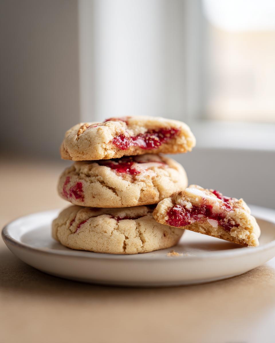 A stack of three soft raspberry cheesecake cookies, with one cookie broken open to show the creamy raspberry filling.