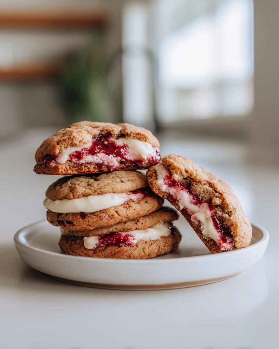 A stack of three raspberry cheesecake cookies filled with cream cheese frosting and raspberry jam, one cookie is cut in half.