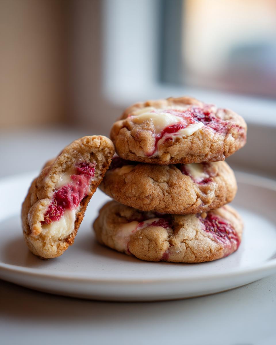 A stack of three soft raspberry cheesecake cookies with one cookie broken open to show the creamy filling.