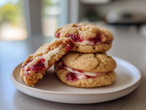 A stack of three delicious raspberry cheesecake cookies, one cut in half showing the creamy filling and raspberry jam.