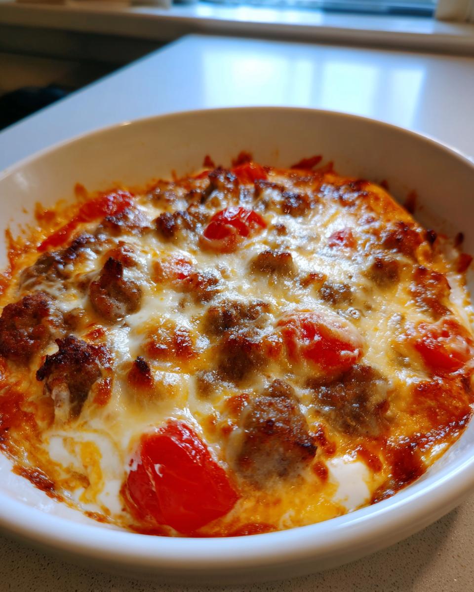 Close-up of hot sausage rotel cream cheese dip, bubbly and melted with browned sausage and red tomatoes.