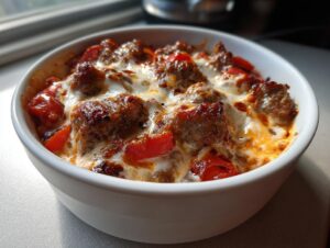 Close-up of bubbling sausage rotel cream cheese dip topped with melted cheese and diced tomatoes in a white serving dish.