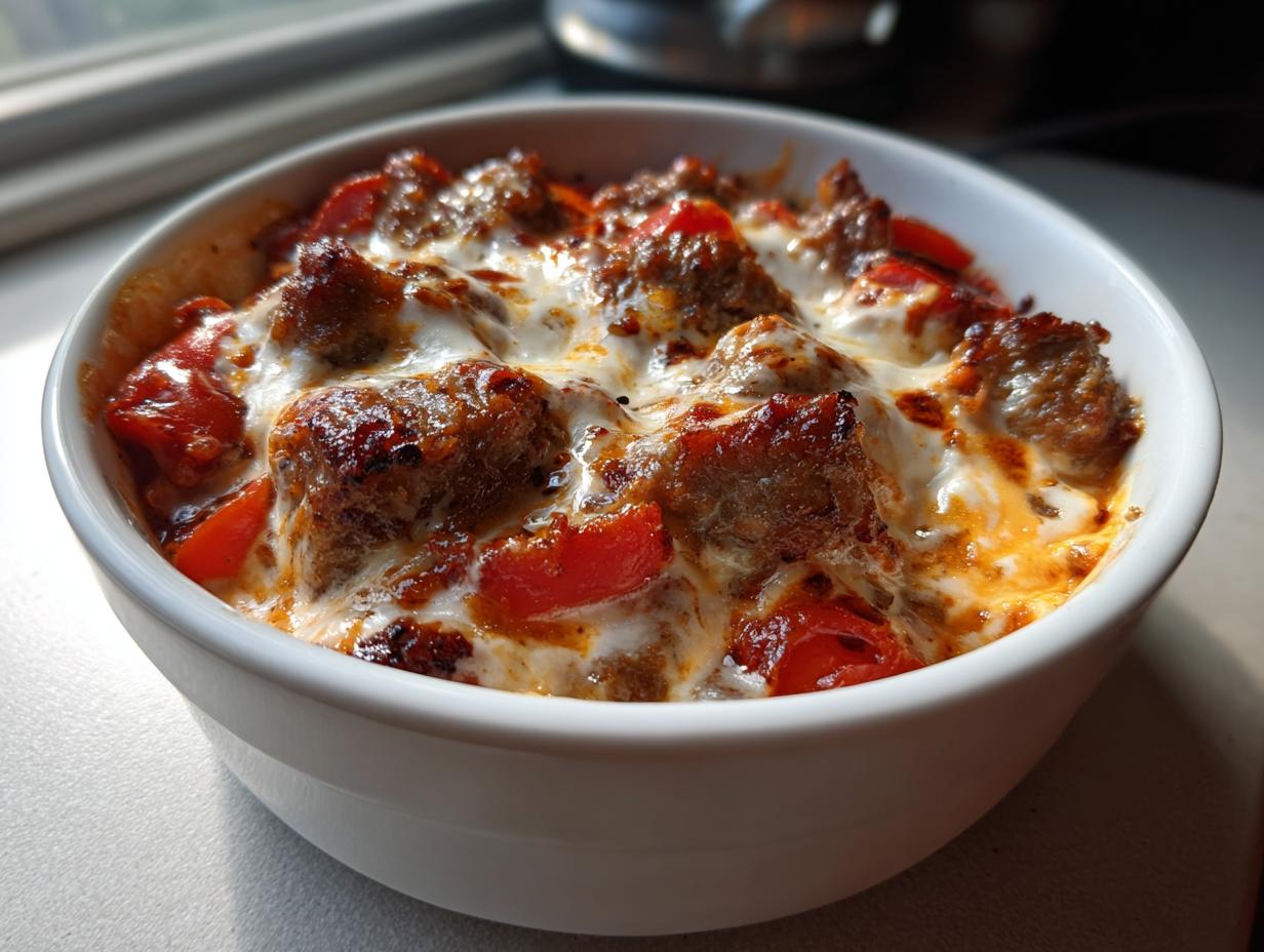 Close-up of bubbling sausage rotel cream cheese dip topped with melted cheese and diced tomatoes in a white serving dish.