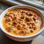 A close-up of hot, creamy sausage rotel cream cheese dip served in a white bowl.