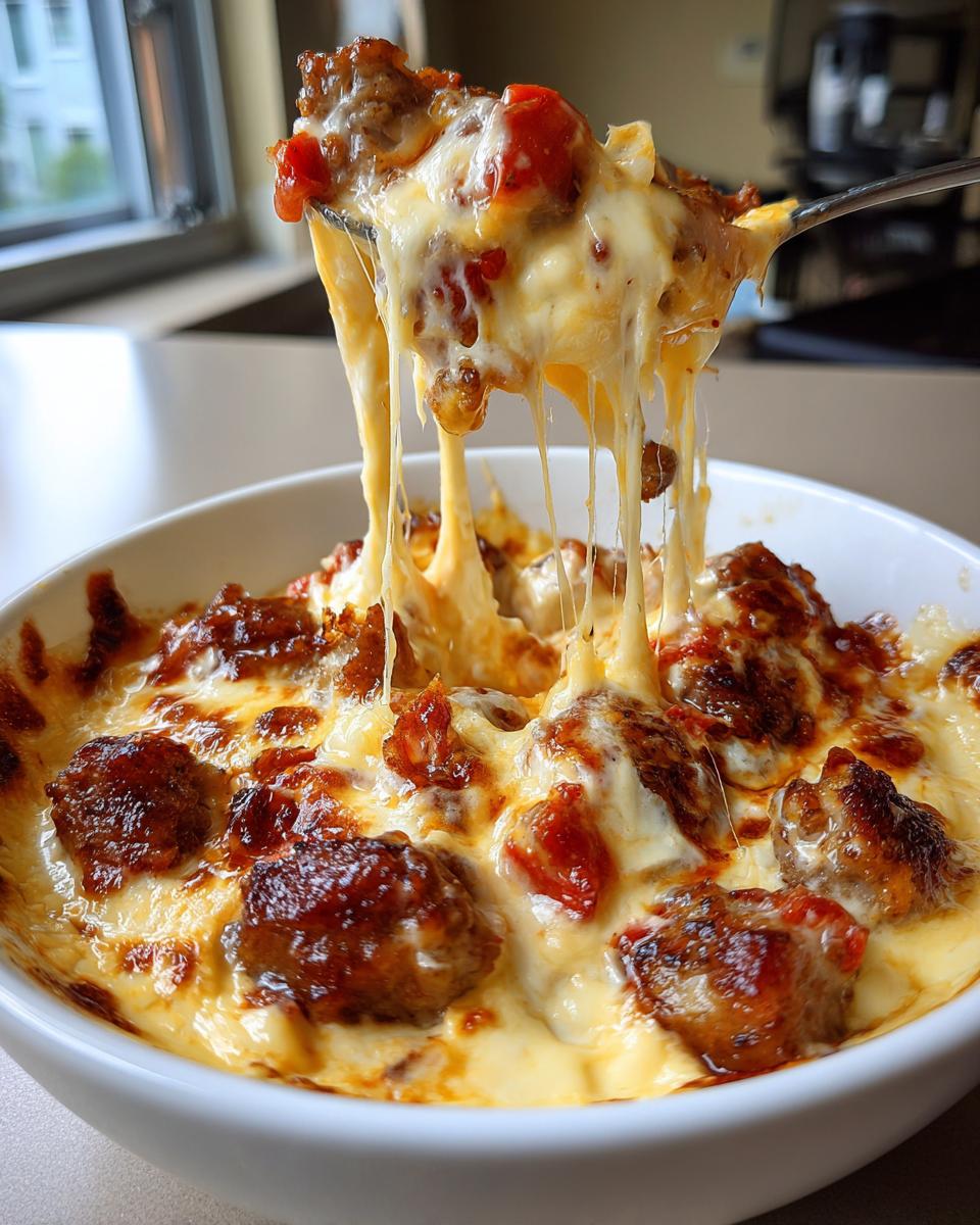 A spoonful of hot, cheesy sausage rotel cream cheese dip showing extreme cheese pull over a white bowl.