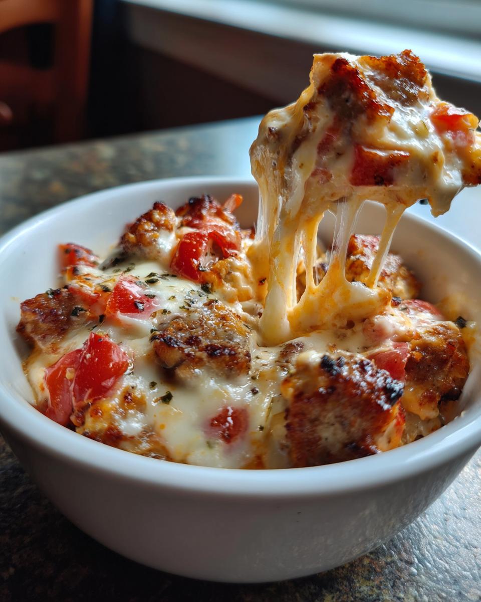A spoonful of hot sausage rotel cream cheese dip showing a dramatic cheese pull.