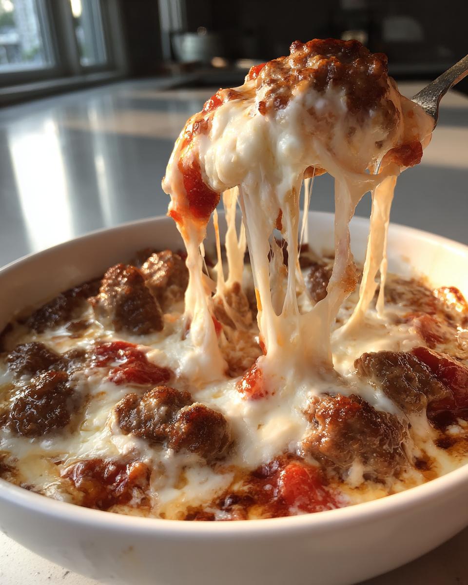 A fork lifts a scoop of hot sausage rotel cream cheese dip, showing long, melted cheese strings.