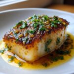 A thick, perfectly seared fillet of Chilean sea bass topped with a garlic-herb butter sauce.