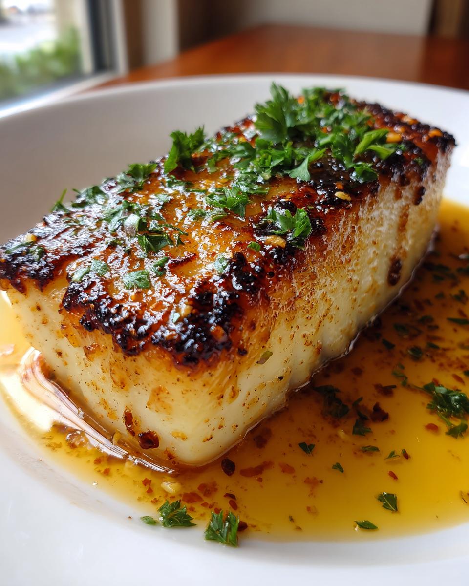 Close-up of a thick, perfectly seared Chilean sea bass fillet topped with fresh parsley and sitting in a pool of golden butter sauce.